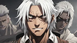 White hair black skin, black eyes smirk, Gojo’s blindfold attack on Titan clothes