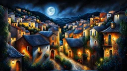 Fantastic night cityscape of an old Mediterranean town, view of tiled roofs and windows of different shapes and sizes of cozy houses, with attic and mezzanine, lights in some windows, authentic old Italian village with plants, mystical atmosphere, dark night with stars, cinematic, detailed sharp focuses, oil painting, paint drop