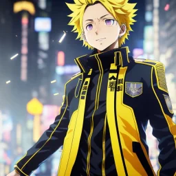 Detailed anime portrait of denki Kaminari my hero academia, yellow hair, black suit, intricate details, full body portrait, keep head in frame, slight smile, black Japanese motif, concept art, highly detailed, digital painting, concept art, sharp focus, illustration, art by Yoji Shinkawa, WLOP and greg rutkowski and alphonse mucha and artgerm and yanjun Chen and Junji ito and Makoto Shinkai, HDR, octane render