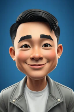 Buat animasi 3D karikatur kartun dengan kepala besar. Seorang pria Indonesia berusia 20 tahun. Rambutnya hitam pendek dibelah di sisi kanan. Wajahnya oval dengan garis-garis halus, alis hitam tebal dan rapi, mata normal, hidung besar, dan bibir tipis dengan senyum lebar dan ramah. Ia mengenakan jaket kulit abu-abu muda di atas kaus putih. Latar belakang biru gradasi dengan pencahayaan profesional. Karya agung, kualitas terbaik, kulit dan wajah sangat detail, sangat realistis, definisi tinggi, pe