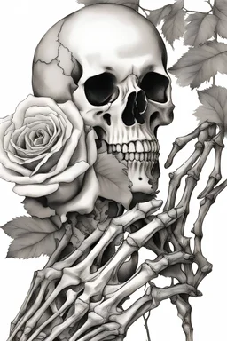 A line drawing modern realism of a skeleton hand holding a dead dry rose black ink on white background