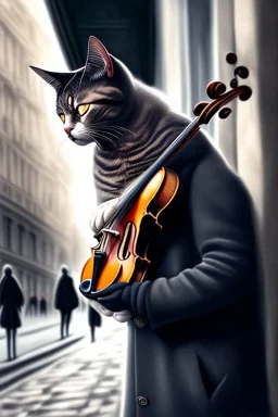 One single mature cat playing violin on the street, Vienna,thoughtful, mourning, model style, hyper realistic, extremely accurate, delicate, extremely detailed, Graphic novel style, wide-angle, open aperture, superfine pencil