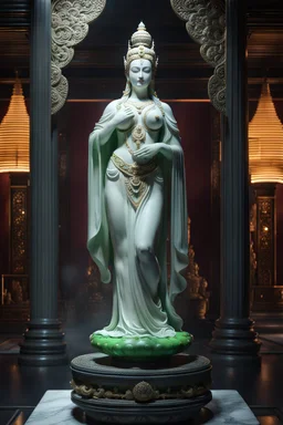 highly detailed marble and jade statue on a plint of the goddess of love. big bosom,. . full body shot, invisible gloves, , volumetric fog, Hyperrealism, breathtaking, ultra realistic, unreal engine, ultra detailed, cyber background, Hyperrealism, cinematic lighting, highly detailed, breathtaking, stunning temple environment