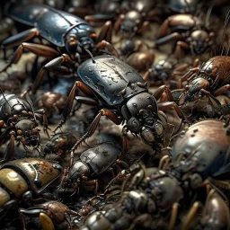 horror, infested, swarming mechanical insects, bugs, cockroaches, flies, spiders, ticks, parasites screaming person, pain, decay