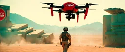 Coca-Cola Branded Military Drone, middle east Desert, cinematic, Fuji Film, Anamorphic lens, 2040s, deep depth of field, in a Cyber punk WW3 film