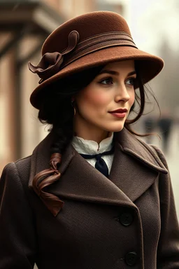 a brunette maid 1917 in a vintage 1917-coat with high collar vintage round hat half-smile profile beautiful face windy weather noir full body