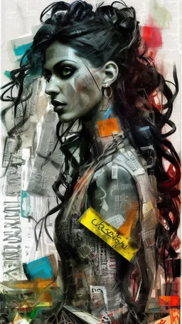 Russ Mills, byroglyphics style art, backdrop, mixed media, pen and ink, broad energetic brushstrokes, palette knife, chaotic collage, cardboard, newspaper, torn paper, gauze, broken glass, graphic image, vibrant natural color, intensely passionate, full body, eerie, slim Goth punk woman with long braided hair of Spanish and Lebanese heritage, beauty in chaos