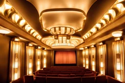 Inside an Art Deco cinema with mirrors and brass sconces, incandescent, gleaming