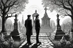 Man standing a front of his mom grave in Cemetery in 8k tattoo drawing style, out of the Frame, intricate details, highly detailed, high details, detailed portrait, masterpiece,ultra detailed, ultra quality