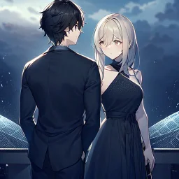 anime couple with day on one side night on the other, stormy night on one half, sunny day on the other half,ballancing scale, couple is standing back to back