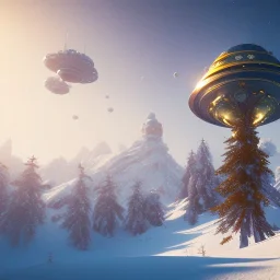 Spaceship landed on snowy mountain, sunny day. clear blue sky. gold. Elegant. Extremely detailed. Award winning photography. Fantasy. 8k. Cinematic lighting. Photorealistic. Dynamic lighting. Imperial colors. Crisp quality. Unreal Engine. Colourful cinematic postprocessing. Pixar. VRay.