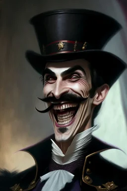 Strahd von Zarovich with a handlebar mustache wearing a top hat while looking excited