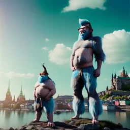 full body photography of hipster troll, theme art, light happy atmosphere, 8K, clouds and sun, ignore NSFW, full body image, Stockholm in the background, illustration, vector