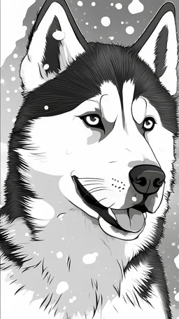 Coloring page for kids, Siberian husky in the snow, cartoon style, thick lines, low detail, no shading,no color,white background, no badly drawn paws