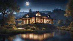 beautiful house, perfect architecture, style Norman Foster, rural environment, night, moon, stars, volumetric lighting, trees, river, distant mountains, award-winning photograph, photorealism, superb details, light and shade, beautiful composition, arts-and-crafts, attractive, peaceful, exquisite