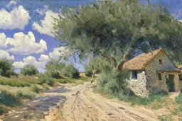 sunny day, clouds, rocks, trees, mountains, countryside, dirt road, adobe old house, gustave caillebotte and pieter franciscus dierckx impressionism paintings