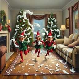 Christmas elves running through living room holding streaming toilet paper rolls streaming behind them, toilet paper covering furniture in living room, oil painting, chaotic, mischievous elves, toilet paper covered Christmas tree