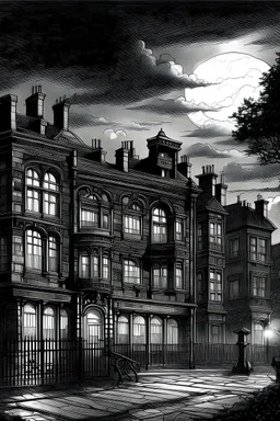 The court was very cool and a little damp, and full of premature twilight, although the sky, high up overhead, was still bright with sunset. Victorian London, black and white. One window only, pencil sketch, damp ground.