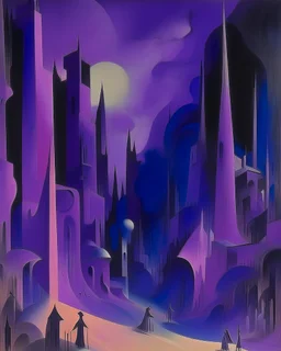 A purple realm with ghostly eyes painted by Lyonel Charles Feininger