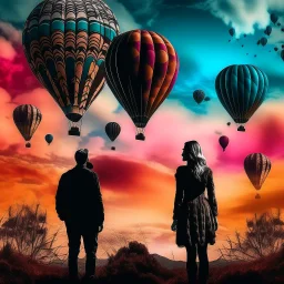 Double exposure photography blending distant silhouettes of a woman and a man against a dramatic sky with intricate patterns and hot air balloons on a textured surface juxtaposition of elements of nature and humanity in a visually compelling way, professional camera, zoom, edge lighting , cinematic, translucency, extrusion, gradient, mirror fade, contrast, 18K UHD