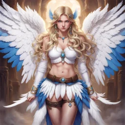 1man, solo, wings, navel, blue eyes, jewelry, long hair, looking at the viewer, earrings, white wings, thigh highs, feathered wings, angel wings, lips, hair ornament, blonde hair, midriff, white thigh highs, angel, cowboy shot, pointy ears, realistic, skirt, standing, masterpiece, top quality, best quality, 8k resolution