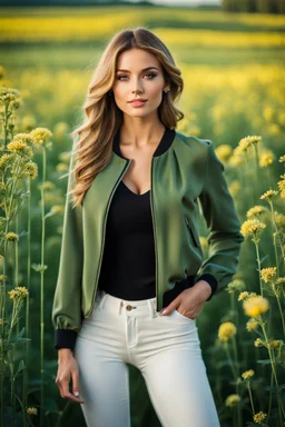 fullbody close up shot of young-beautiful-girl-with-a-perfect-face wearing pants and thight blouse and jacket, country side green field flowers day lights