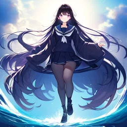 Clear focus,High resolution,High quality, Black long fluffy hair, long bangs, and purple eyes, wearing a sailor uniform, Full body,