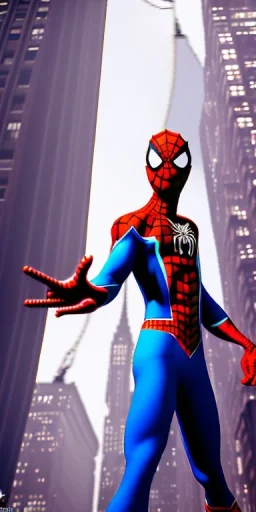 In the bustling streets of New York City, a young Spider-Man swings through the skyscrapers, a blur of red and blue as he fights to keep the city safe. Clad in his iconic spandex suit, complete with the signature spider emblem on his chest, this teenage superhero is a force to be reckoned with. He uses his spider-like powers - including superhuman strength, agility, and the ability to shoot webs from his wrists - to take down villains and protect the innocent. Whether he's swinging through the c