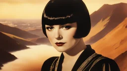 Louise Brooks looking down at the camera with a warm-toned fantasy landscape behind her