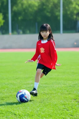 A Chinese Girl 11 Year Old Pretty Girl playing Football