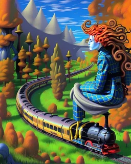 Created with Bing / Dall-E 3 option, using variations of the prompt below. ♨️ Prompt: (((Magritte, Klimt, Miró effect))). Monolithic man, Blue/yellow checkered suit, black hat, red hair, sitting on a grassy mound. Steam locomotive approaching a red brick tunnel under the mound. Surreal helix trees with green/orange foliage. Metallic blue crooked dwellings with cracked glaze and smoking stacks. A dark blue sky with flying birds and snow-capped mountains. Ultra Detailed, 3D, 16K. Modern Surrealism