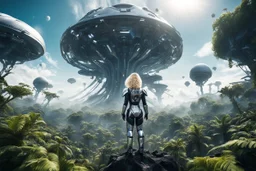 Wide angle photo of a slim sci-fi woman with blond hair, wearing a silver and black futuristic spacesuit looking android-like, standing on an alien cloud tree jungle planet