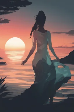 high quality, 8K Ultra HD, double exposure, beautifully designed goddess silhouette and sunset coast, minimalist, crisp lines, by yukisakura, awesome full color,