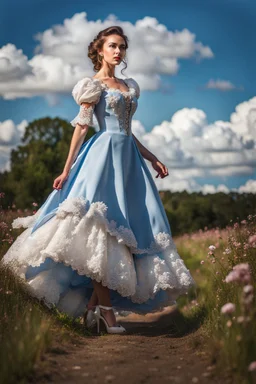 fullbody girl makeup wearing a victorian dress walking in country side ,flowers ,pretty clouds in blue sky