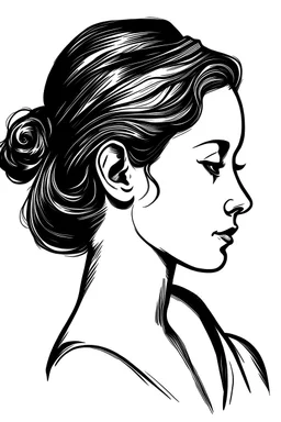 waist-length bust woman, linocut style, white background, profile, composition without a full head empty space around the head minimalism, ink, artistic deformation of the head shape