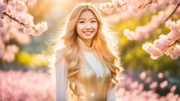 Portrait of a gorgeous smiling asian model with a golden skin, long smooth blonde hair, blue eyes, in a cosmonaut outfit with luminous strikes in a hill of flowers with 1000 y/o sakura trees, a small torrent, loads of mini flowers, moss, sun rays through the branches, particles in the air at spring