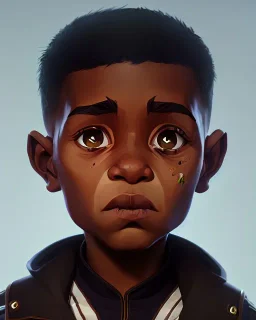 Portrait of a gorgeous black skinned toddler warlock boy with dark hair by Jim Kay