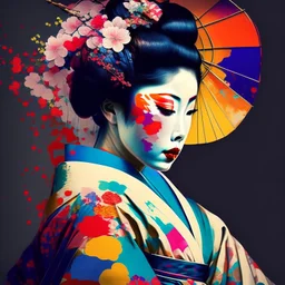 Generate an image of a beautiful geisha wearing a colorful kimono