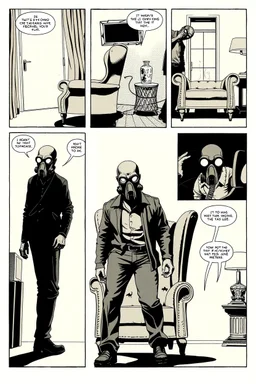 6 panel page with different images of a man in a gas mask walking around a wingback chair, intimidating, graphic novel