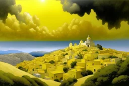 A light yellow Greek town in the cloudy sky painted by Frank Wilson