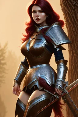 milf, dark red hair, sexy knight armor, full body, forest, 8k resolution, high-quality, fine-detail, intricate, fantasy art, detailed matte, volumetric lighting, illustration, 3D