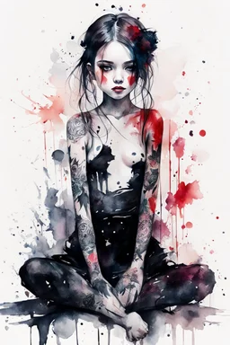 Petit girl goth many tattoos on his body, siting, fullbody, watercolor illustration by <agnes cecile>, darkred tones,