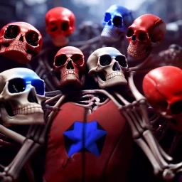 a picture of a dark, comedic, anatomically correct wall of red white and blue tightly packed stacked cyborg skulls of varying sizes and expressions, photo realistic, insanely meticulous, highly detailed, part of a collection of bones on display, 64k, dystopian, vray