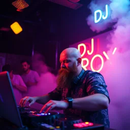 A DJ performing at dance club, his name DJ ROY and looks crazy, bald with beard. Neon lights and smog, DJ ROY SIGN ON WALL