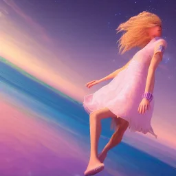 Full body with legs and feet white woman with legs, long blond hair, blue eyes, pink and blue dress in a galactic ambiance, delicate colors in the foreground, full of face details, smooth, light effect，vaporwave colorful, smooth, extremely sharp detail, finely tuned detail, ultra high definition, 8 k, unreal engine 5, ultra sharp focus