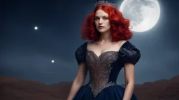 Её платье было не из парчи или шёлка, а из плотного, цвета ночного неба бархата, скрывавшего её швы и подчёркивавшего хрупкость стана. Её рыжие волосы, короткие и пышные, были увенчаны тонким серебряным обручем, словно диадемой из лунного света.