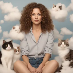 Portrait of woman with curly hair sitting in room full of clouds and fluffy kittens