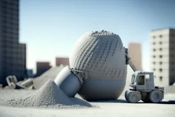 Knitted grey concrete mixer next to a construction site in sunshine