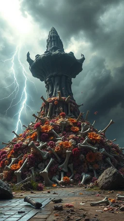 realistic nuclear muschrum, a colossal heap of flower . The stormy sky. When a lightning bolt strikes, shower of bone fragments scattering through, apocalyptic atmosphere, with the lightning casting eerie, flickering shadows over the grim,in the background big ugly cresture