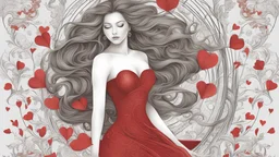 Beautiful lady with flowing hair, valentines on red dress, mystical, fine art, extremely detailed,